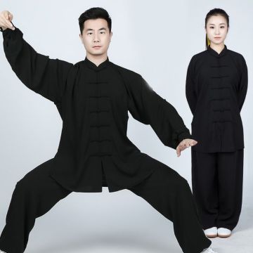 Unisex Chinese Traditional Tai Chi Uniform Faux Linen Long Sleeves Morning Exercises Kung Fu Clothing Martial Arts Wear