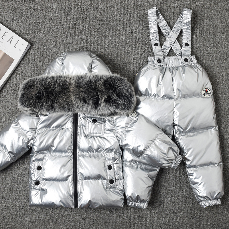 Kids Big Fox Fur Collar Snowsuit White Duck Down Children Skiing Suits Down Jacket+Jumpsuits Baby Girls Winter Coat Outwear