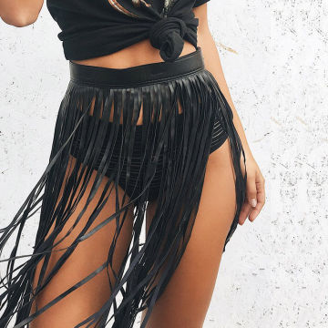 Women Sexy Boho Fringe Tassel Black Skirts PU Leather High Waist Short Skirt Summer