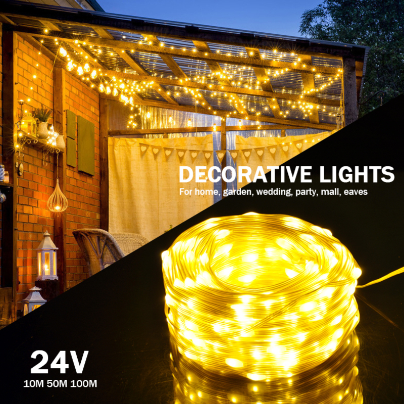 10M/50M/100M 24V New Outdoor Waterproof Christmas Light Fairy String Lights 8 Modes Decorative Lights For Garden Mall Eaves