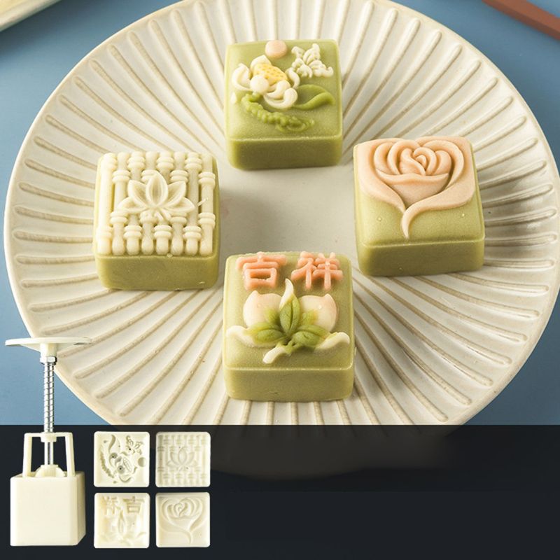 50g Mooncake Barrel Mold with 4/6 Flower Stamps Hand Press Moon Cake Pastry Mould DIY Bakeware Mid-autumn Festival