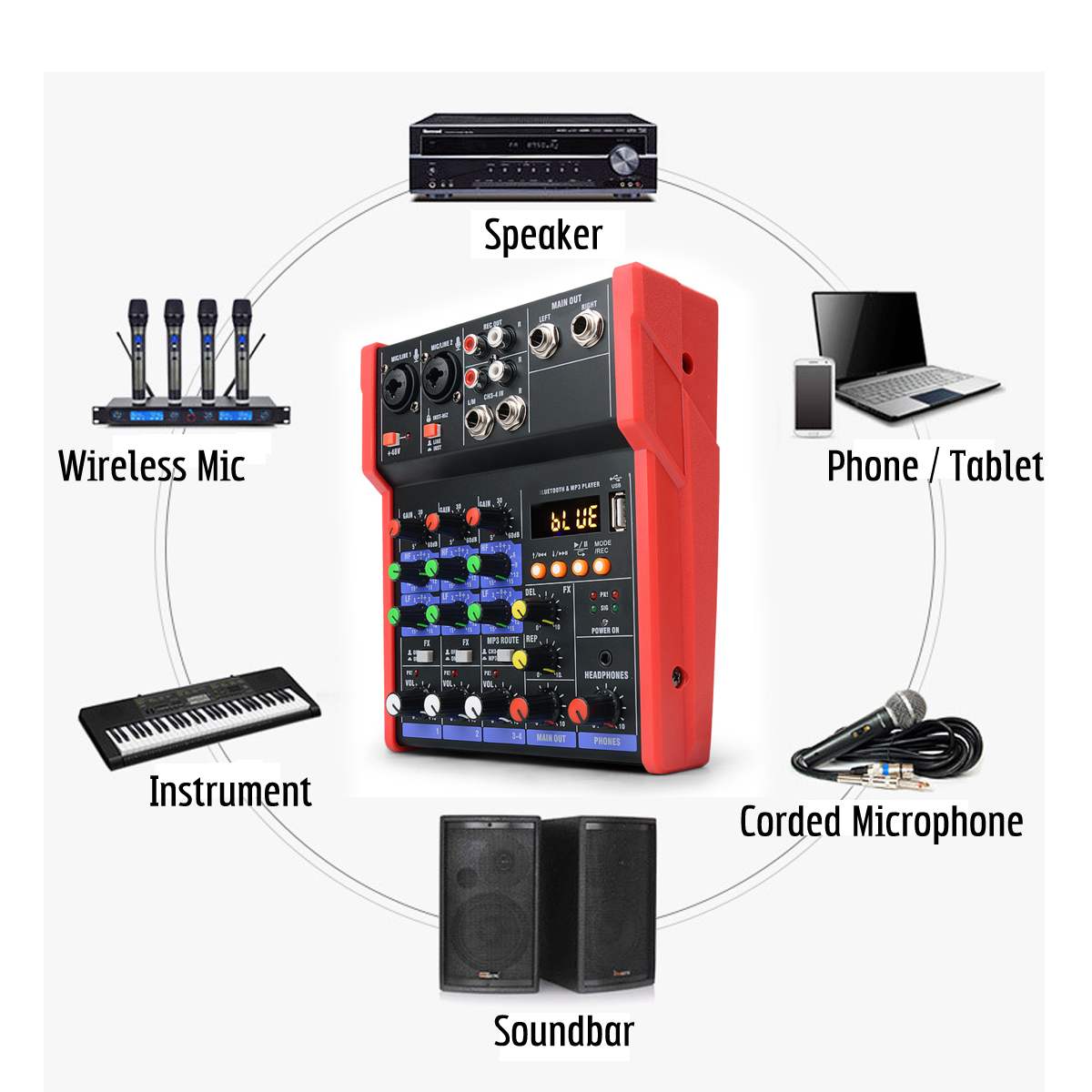 CLAITE 4 Channel Portable Audio Mixer Karaoke Players Bluetooth USB DJ Sound Mixing Console MP3 Jack 48V Amplifier For KTV Party