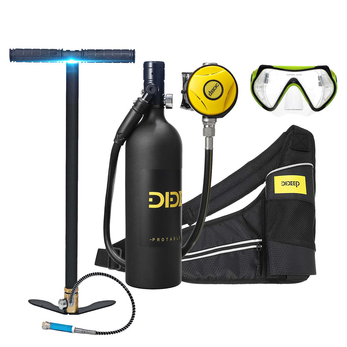 DIDEEP Scuba Diving Cylinder 1L Oxygen Tank Set Respirator Air Tank With Hand Pump & Diving Mask for Snorkeling Diving Equipment