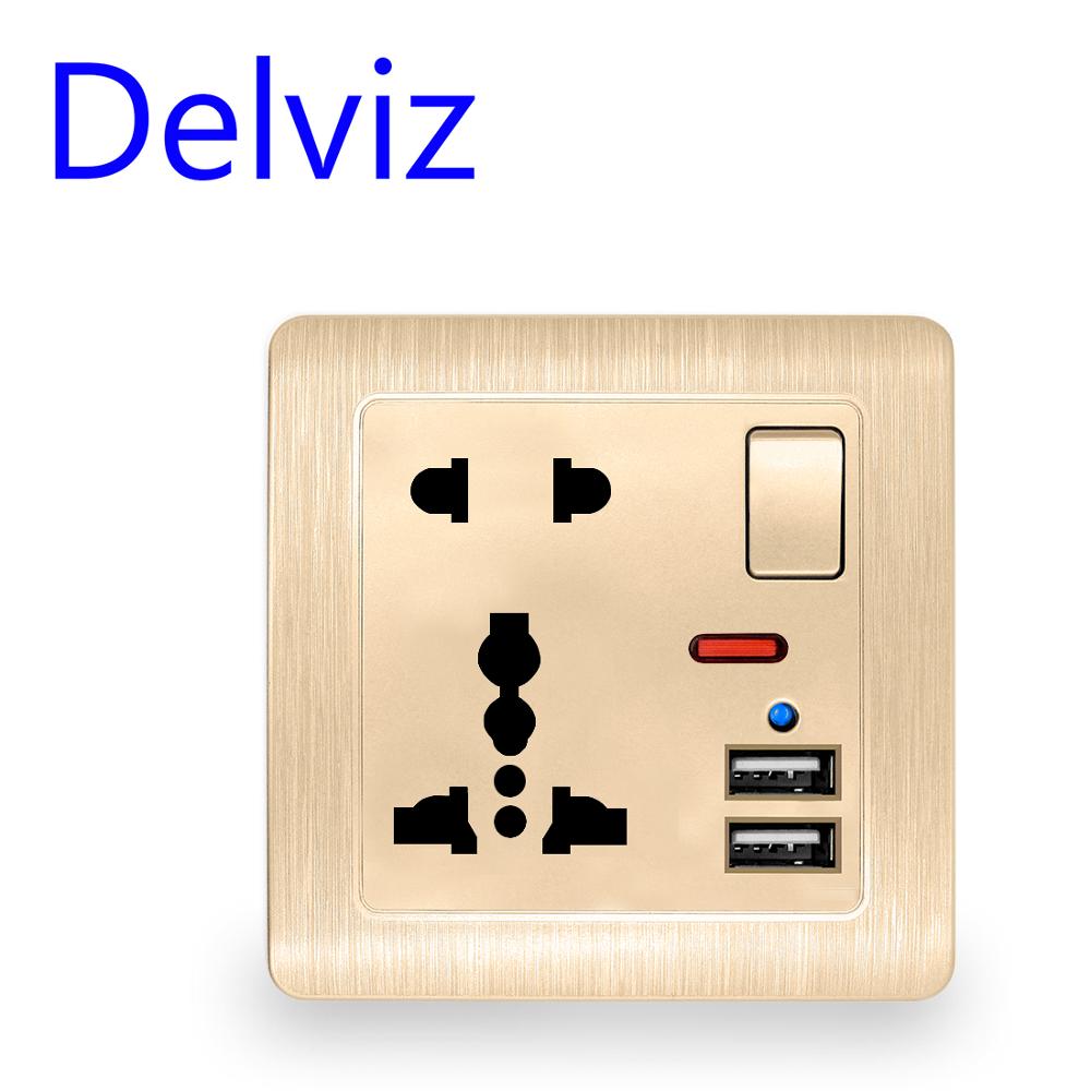 Delviz EU Standard Usb Socket, Gray Embedded Panel,2.1A Dual USB Port, AC 110-250V, UK Wall Power Socket Universal 5 Hole Outlet