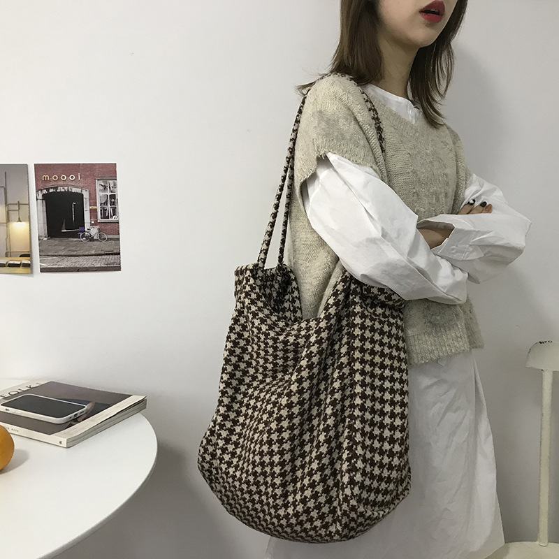 Extra Large Women Woolen Canvas Bags Houndstooth Pattern Design Female Big Tote Handbag Casual Shoulder Shopping Bag For Ladies