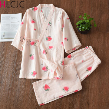Summer Fresh Peach Bathrobes Bathrobe For Women Japanese Kimono Robes Sets Womens 100% Gauze Cotton Simple Pajamas Night Suits