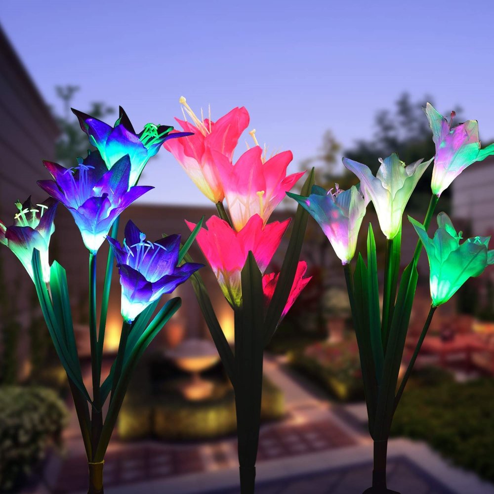 3pcs/lot Solar Powered Lights with 12 Lily Flower, Multi-Color Changing LED Outdoor Solar Landscape Lighting Light for Garden