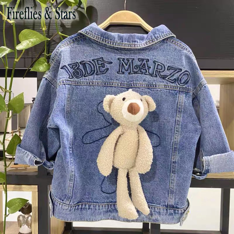Spring Autumn Girls Denim Jacket Baby Coat Children Outwear Kids Streetwear Clothes New Fashion Back Doll Bear Patch 4 To 14 Yrs