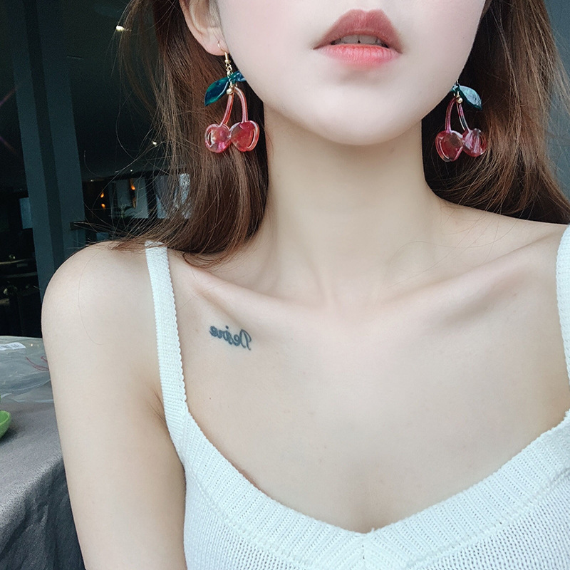 Red Cherry Hook Earrings Women Drop Sweet Fruit Fresh Cherry Female Fashion Youth Beautiful Girls Cute Acrylic Hot Sell Design