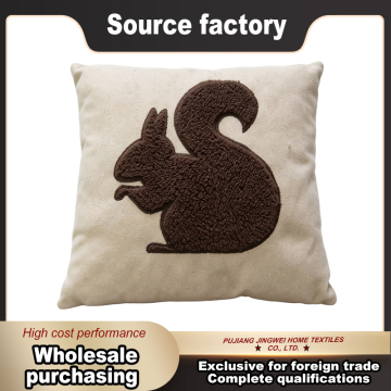 Tufted Woodland Animal Square Cushion with Squirrel Applique