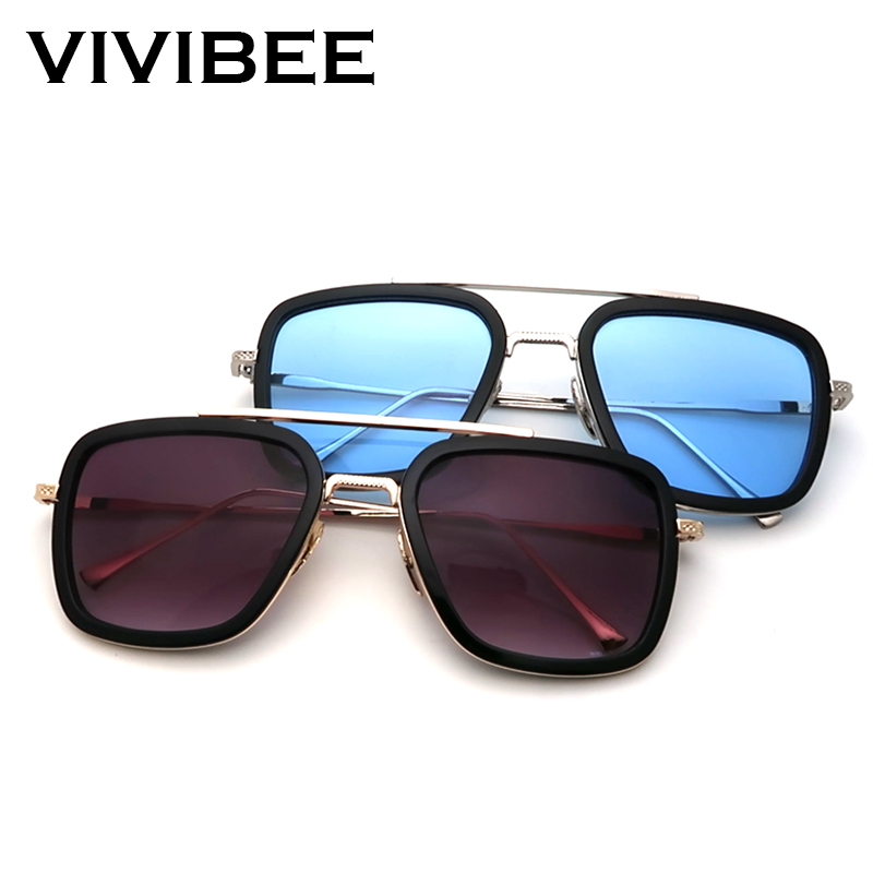 VIVIBEE 2020 Square Men Edith Sunglasses Vintage Tony Stark Silver Metal Frame Blue Lens Glasses Fashion Women Steampunk Eyewear