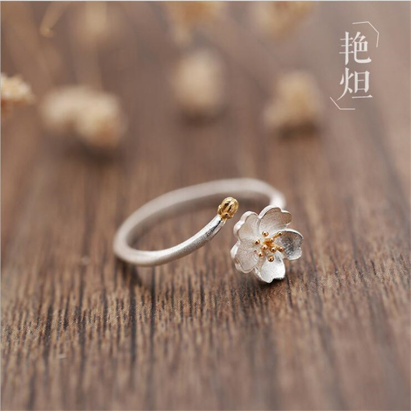 New Creative Fashion Popular Flower 925 Sterling Silver Jewelry Art Fresh Cherry Blossom Personality Opening Rings SR589