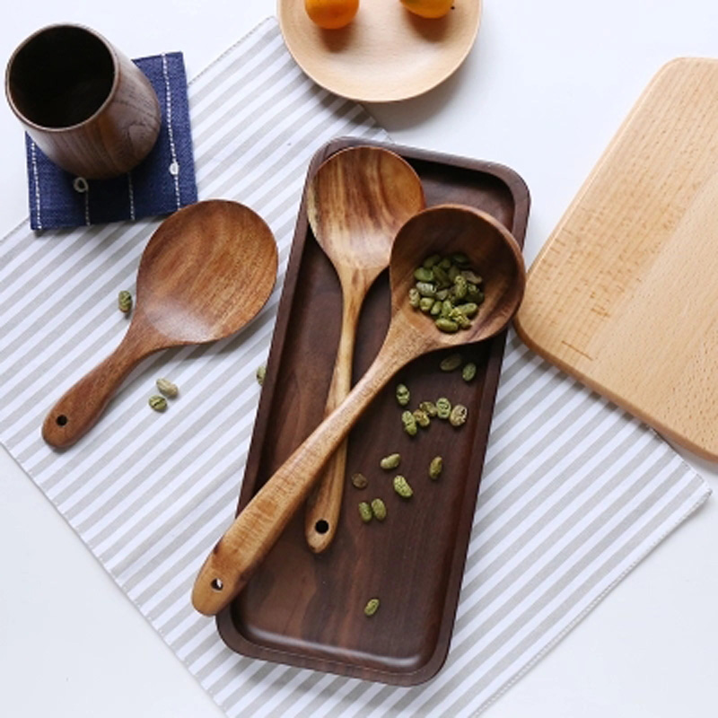 Thailand Teak Natural Wood Tableware Spoon Ladle Turner Long Rice Colander Soup Skimmer Cooking Spoons Scoop Kitchen Tool Set