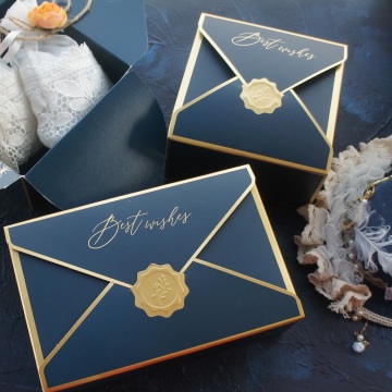 10pcs Gold Envelop Blue Best Wish Design Cookie Macaron Chocolate Paper Box Wedding Birthday Party Gifts Packaging Boxes