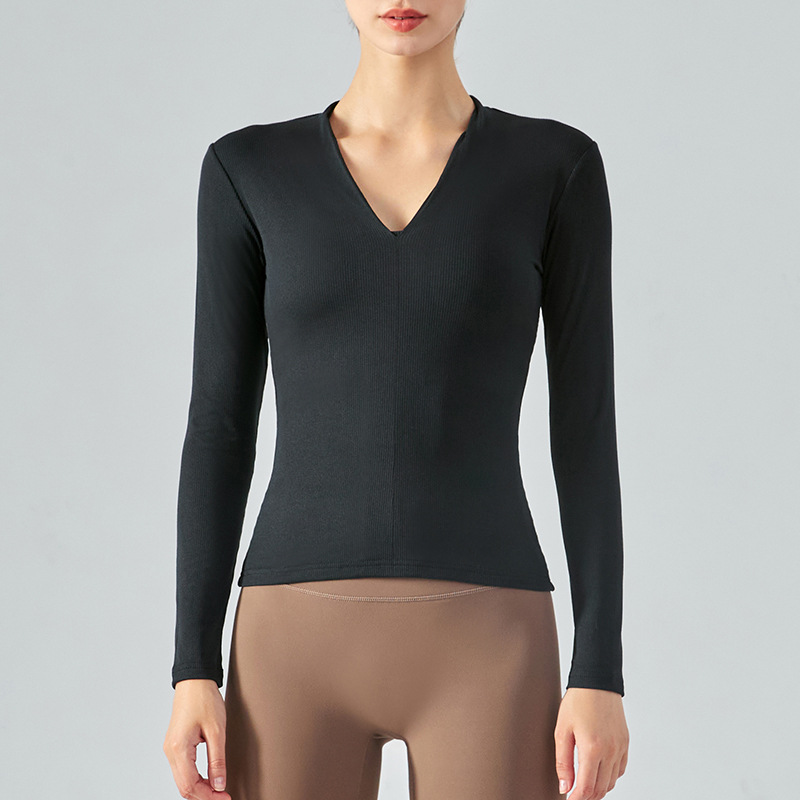 Pleated V-neck riding top high elastic long sleeve