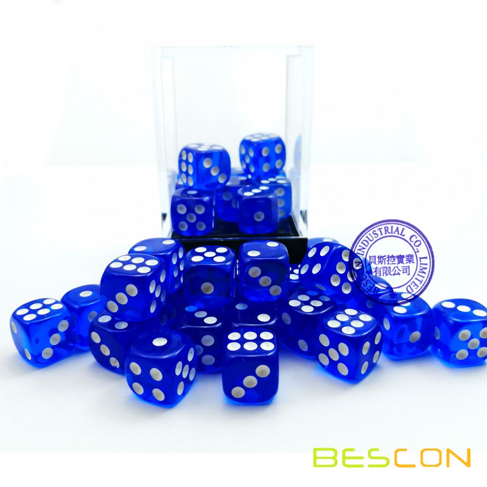 Bescon 12mm 6 Sided Dice 36 in Brick Box, 12mm Six Sided Die (36) Block of Dice, Translucent Loyal Blue with White Pips