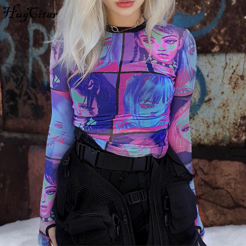 Hugcitar 2020 Cartoon print mesh see-through sexy tops spring summer women fashion streetwear outfits T-shirts chic club wear