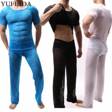 Mens Clothes Set See Through Loose Long Pants Trousers Sexy Men Undershirts Slim Fitnees Top Underwear Set Seamless Sheer Shirts