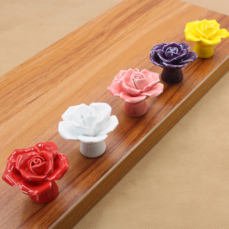 Flower-shaped Ceramic Roses Furniture Handles Door Knob Cabinets Knobs Handles Wardrobe Drawer Closet Pull Handle Drawer Knobs