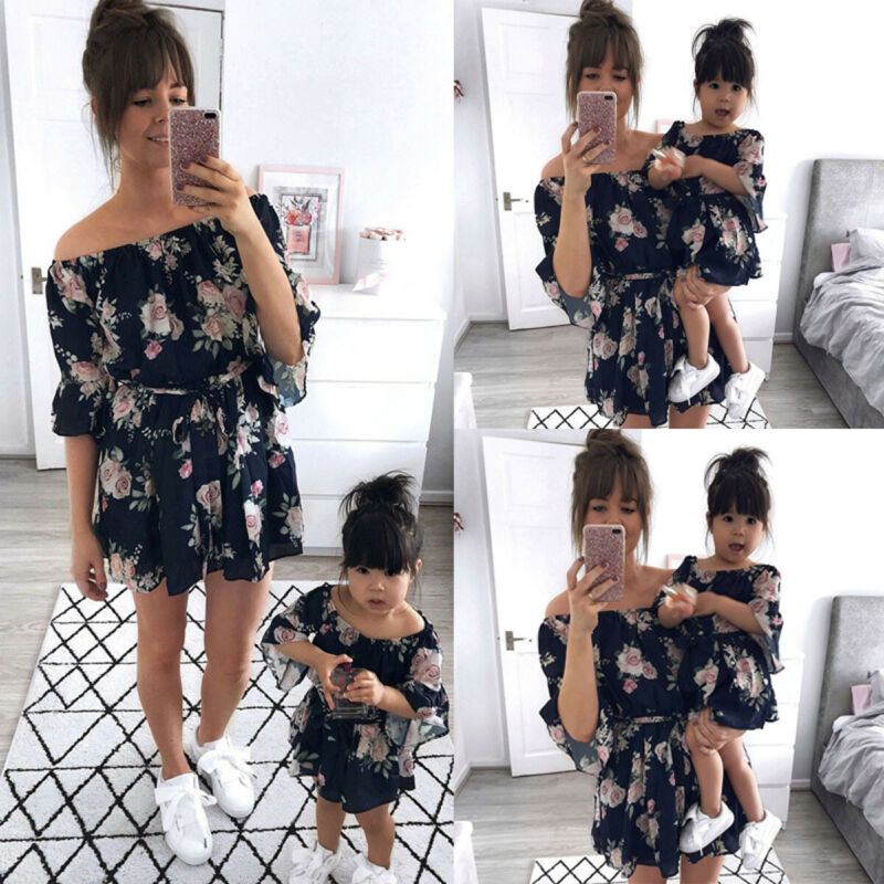 Mother Daughter Dresses Floral Summer Fashion Off shoulder A-Line Belt Mom Girls Dresses Family Matching Outfits Sundress