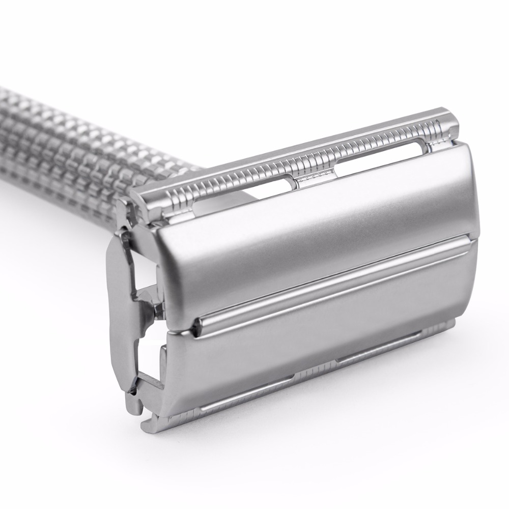 Qshave Double Edge Safety Razor Classic Safety Razor silver color Long Handle Butterfly Open, 1 Handle & 5 blades