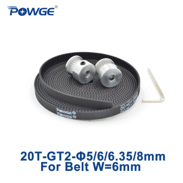 POWGE 2pcs 20 Teeth GT2 Synchronous Pulley Bore 5mm 6mm 6.35mm 8mm + 5Meter Rubber GT2 open timing Belt width 6mm 20teeth 20T