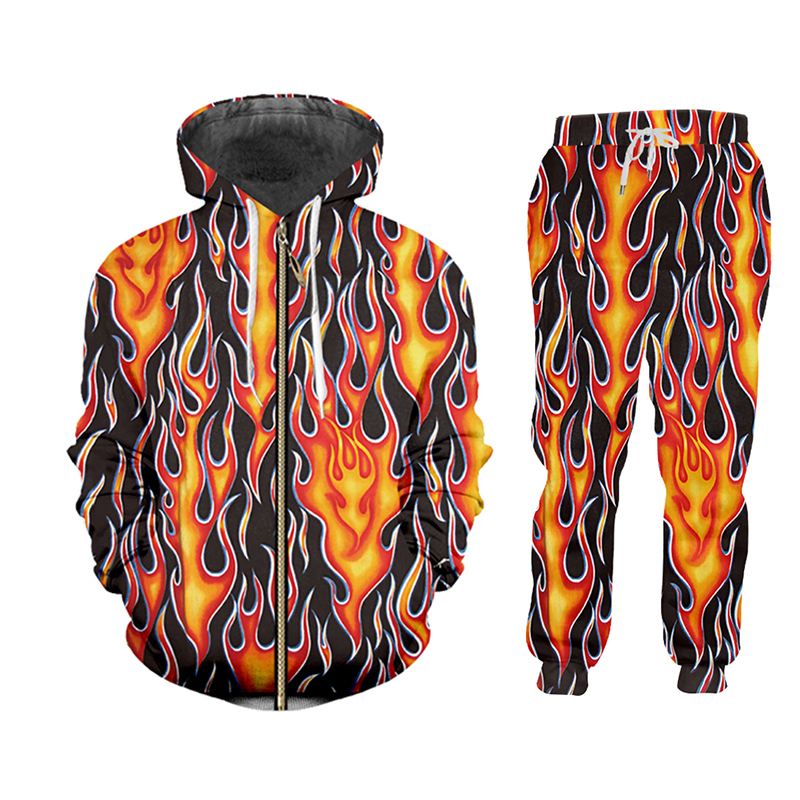 UJWI 2 pieces Autumn 3D print flame tracksuit men Sweatshirt Sports Set Clothes Men Hip hop Suit Training Suit Sport Wear 5XL