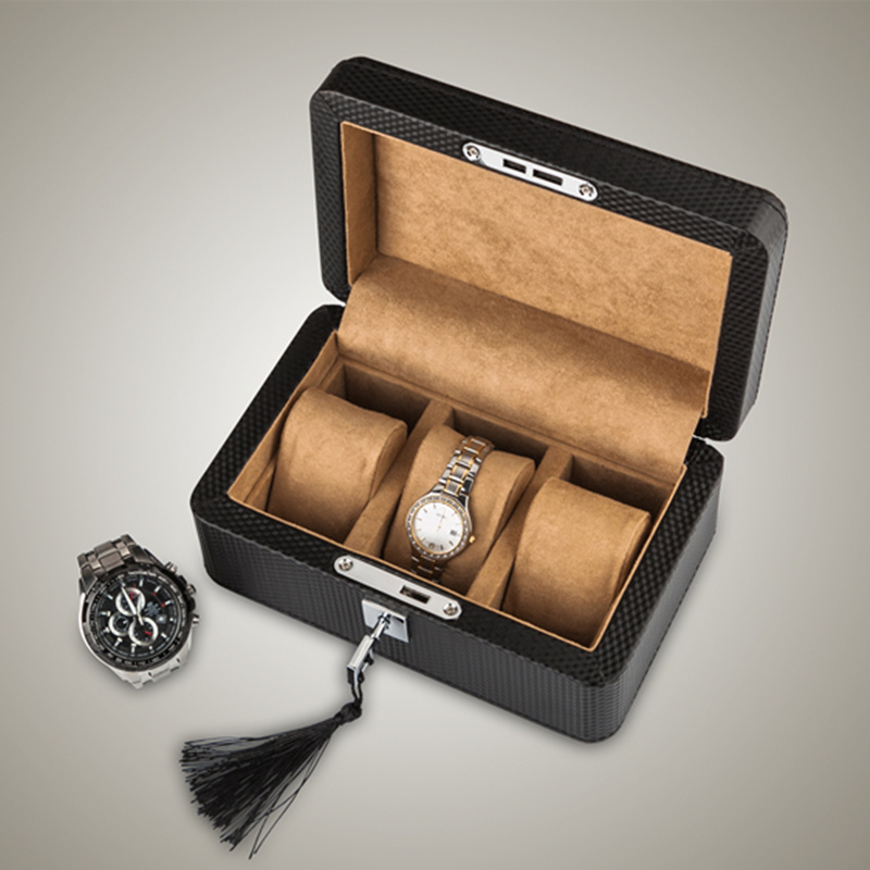 3 Slots Leather Watch Box Case Black Mechanical Watch Organizer With Lock Women Jewelry Storage Holder Gift Case