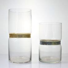 Cylinder Flower Glass Crystal Vase With Diamond Belt