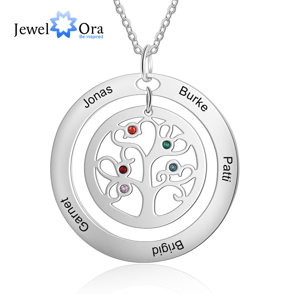 JewelOra Personalized Tree of Life Necklace with Birthstone Stainless Steel Name Engraved Pendant Family Gift for Mother Grandma