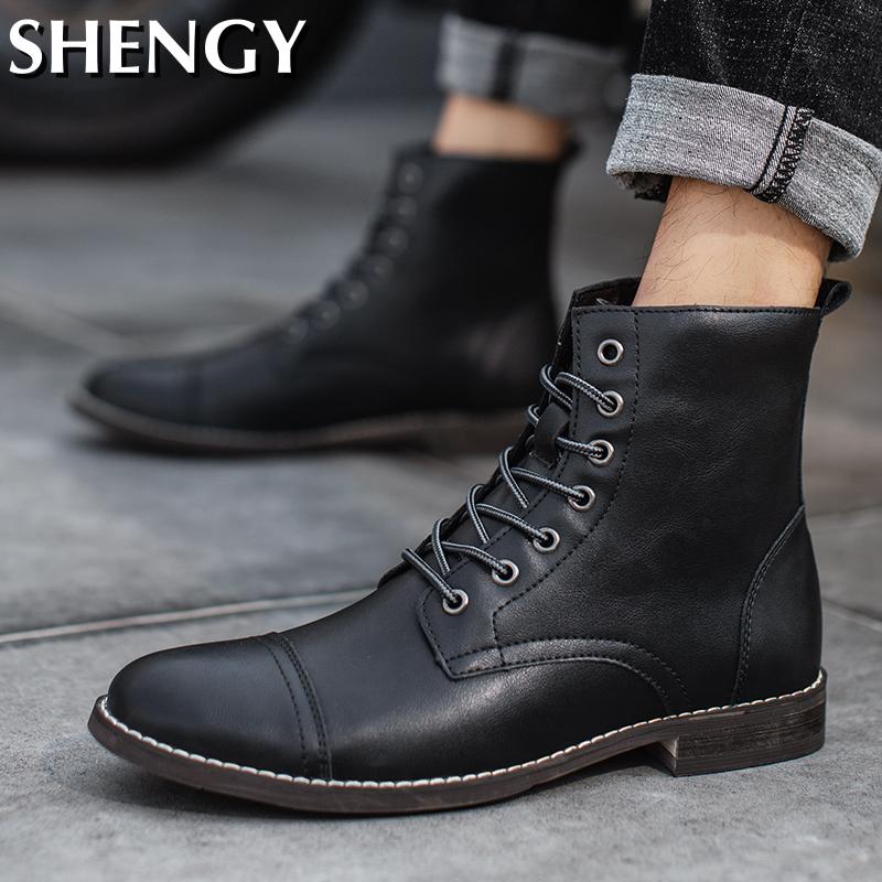 2020 Winter Men's Boots Waterproof Leather Work Boots Warm Plush Snow Boots Outdoor Men's Motorcycle Boots Men Ankle Boots