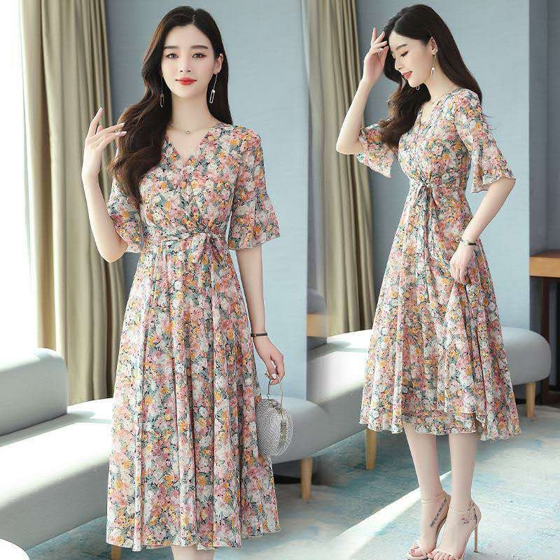 S-3XL Elegant Floral Print Big Swing Half Trumpet Sleeve V-neck Tea-length A-line Chiffon Plus Size Holiday Cocktail Dresses