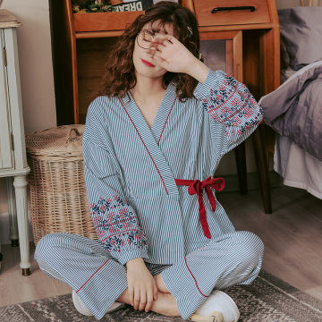 Japanese style Pajamas For Women stripe Sleepwear Women Cotton Cute Girls Loose Pyjama Femme Home Wear Large Size Kimono Pijama