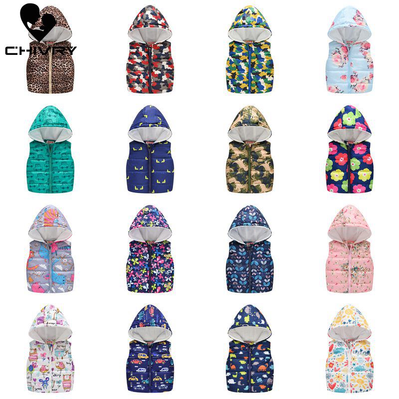 2019 Autumn Winter New Boys Girls Sleeveless Hooded Wool Vest Jacket Cartoon Print Coat Kids Warm Cashmere Vest Outwear Clothes