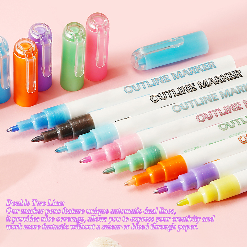 Double Line Pen, 8 Colors Glitter Marker Pen Fluorescent Outline Pens for Gift Card Writing, Drawing, DIY Art Crafts