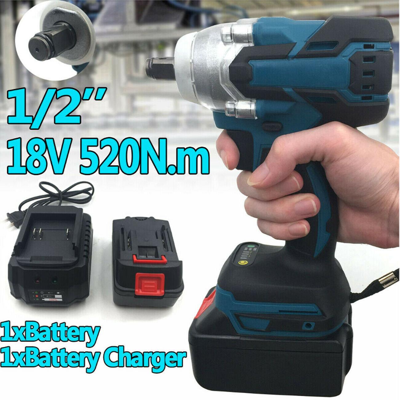 18V 520N.m Impact Wrench Electric Brushless Screwdriver Speed 1/2" Socket Wrench Power Tool Rechargable LED Light With Battery