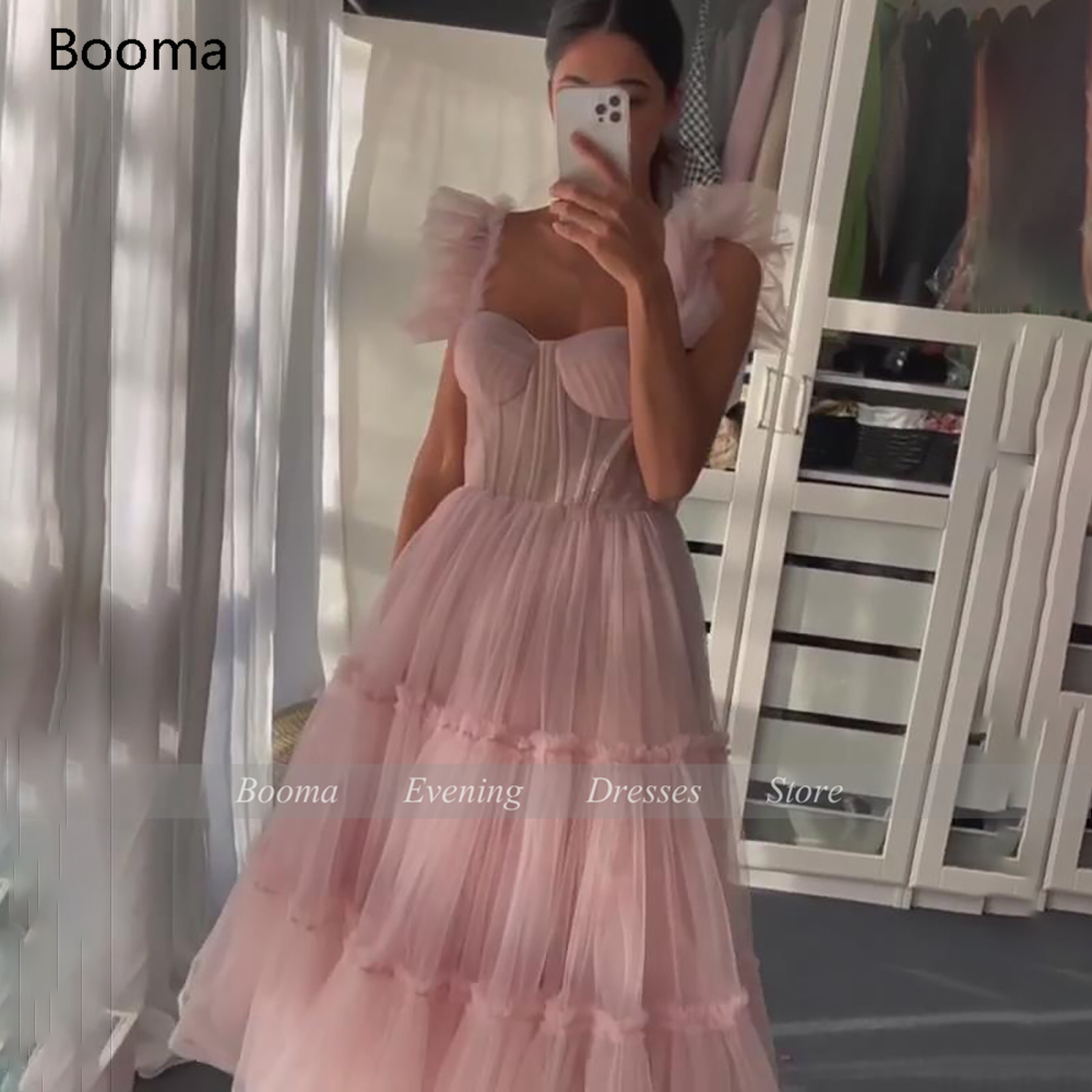 Booma Simple Pink Prom Dresses Spaghetti Straps Tiered Tulle Prom Gowns Exposed Boning A-Line Tea-Length Wedding Party Dresses