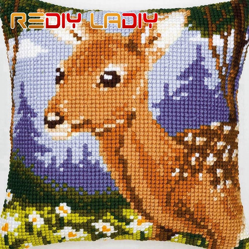 Cross Stitch Cushion Fawn Deer Make Your Own Pillow DIY Chunky Cross Stitch Kits Pre-Printed Canvas Acrylic Yarn Pillow Case