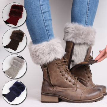 New Women Winter Leg Warmers Lady Crochet Knit Faux Fur Trim Leg Boot Socks Toppers Cuffs Short Wool Shoe Cover Fashion 1Pair