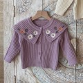 Autumn Winter Children's Long Sleeve Flower Embroidery Large Lapel Knitwear Girls Sweater Knit Cardigans Kids Outerwear Coat
