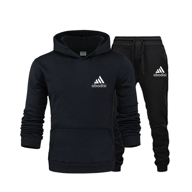 Autumn and winter fleece warm hoodie suit men's casual wear + black jogging sweatpants
