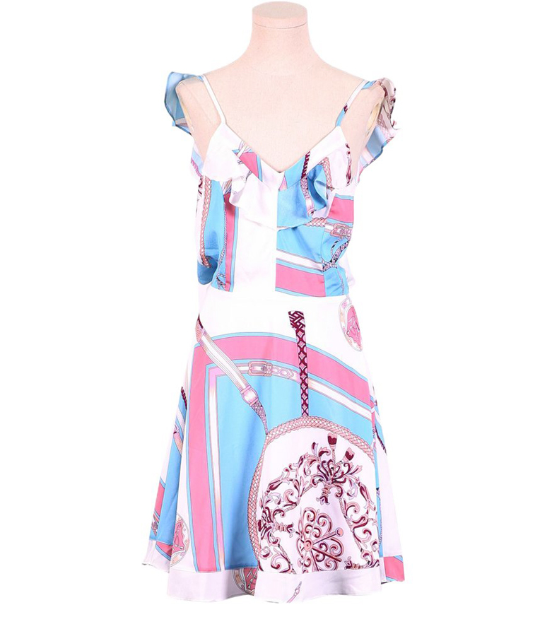 UK digital print Deep V-neck Ruffle Sleeveless Mini dress