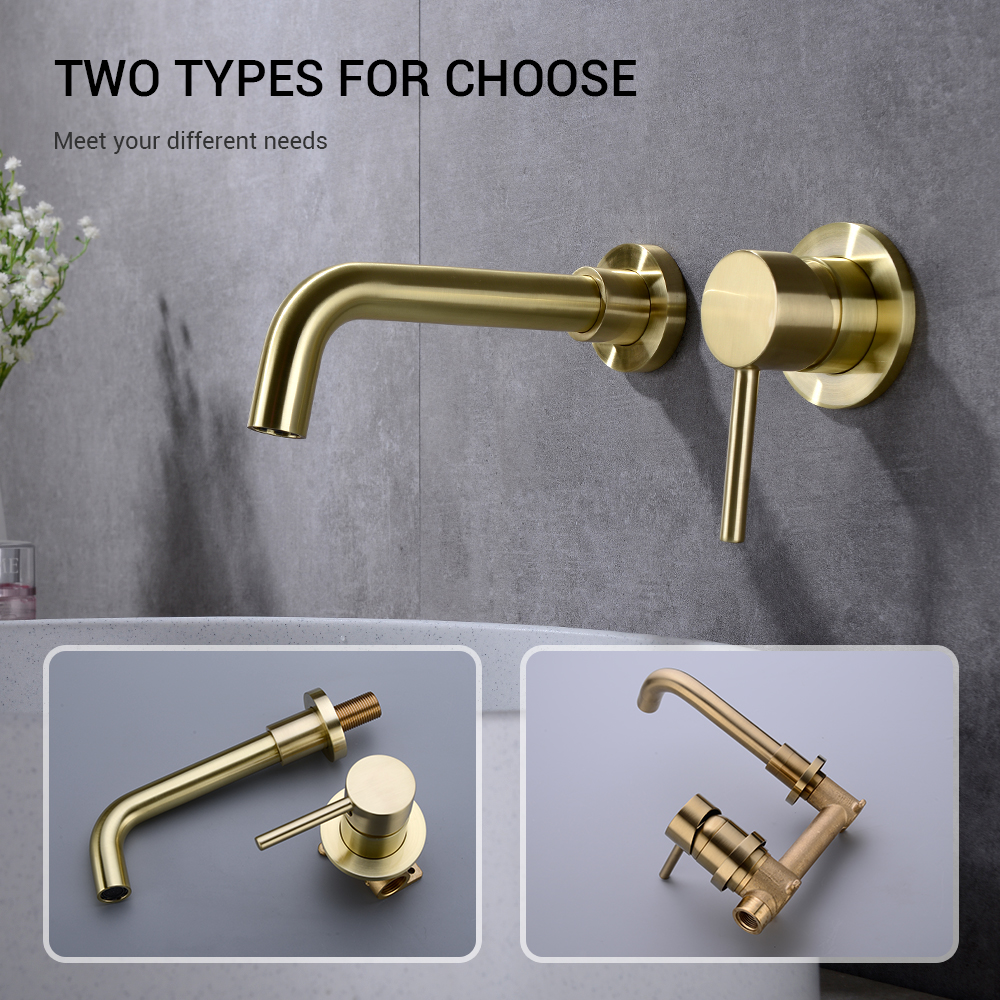 Solid Brass Brushed Gold Wall Mounted Bathroom Sink Faucet Mixer Wash Basin Tap Hot Cold Faucets Bath Black Single Lever Handle