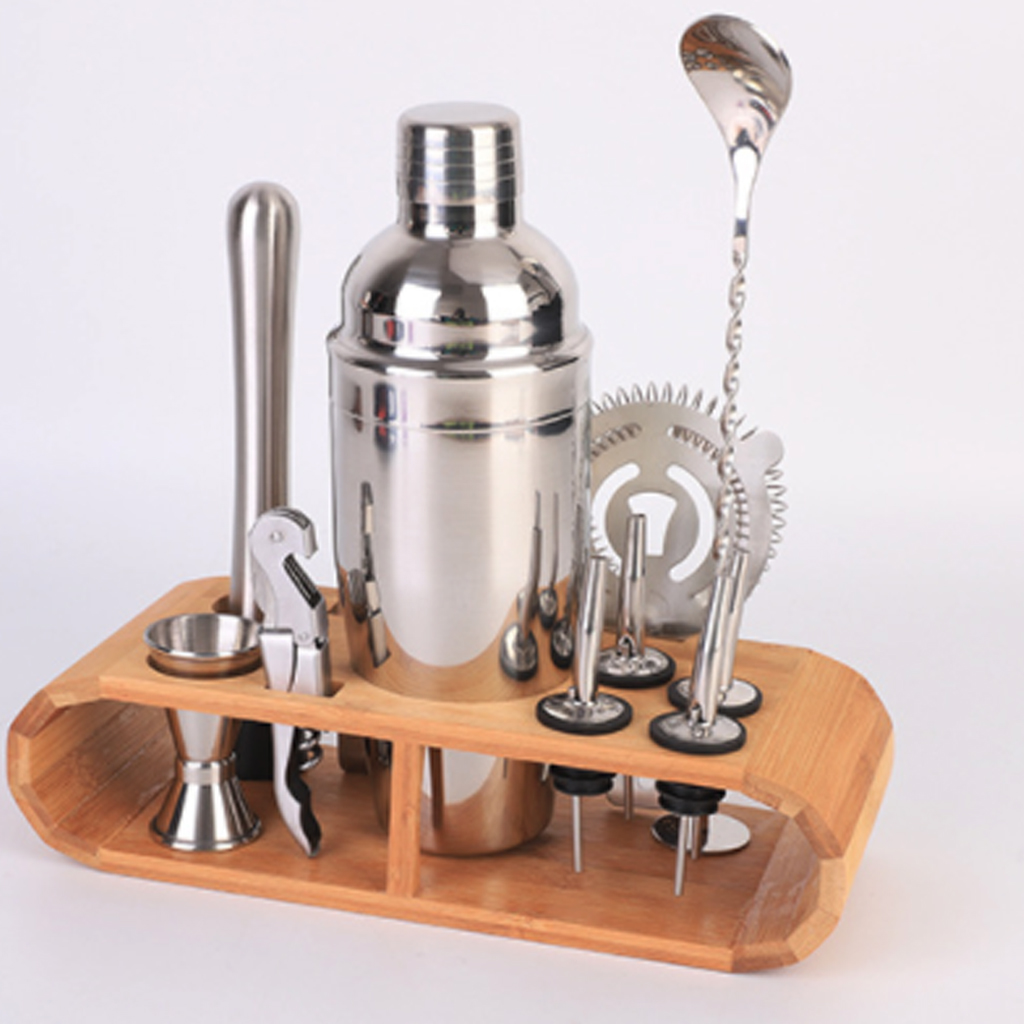 12-Piece Stainless Steel Cocktail Shaker Set With Oval Wooden Stand Base Bar Shaker Drink Mixer Set Bar Set Tool