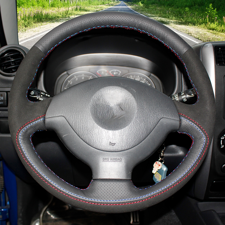 LQTENLEO Black Genuine Leather Suede Car Steering Wheel Cover For Suzuki Jimny 2005 2006 2007 2008 2009 2010 2011 2012 2013 2014