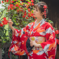 Women's Japan Kimono Red Color Crane Prints Yuaka Robe Cosplay Clothing Stage Performing/Photo Shooting Wear