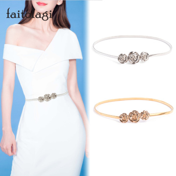 Flower Shape Ladies Dress Belt Silver Gold Elastic Women Belt Stretch Skinny Chain Female Waist Belt cinturon elastico mujer