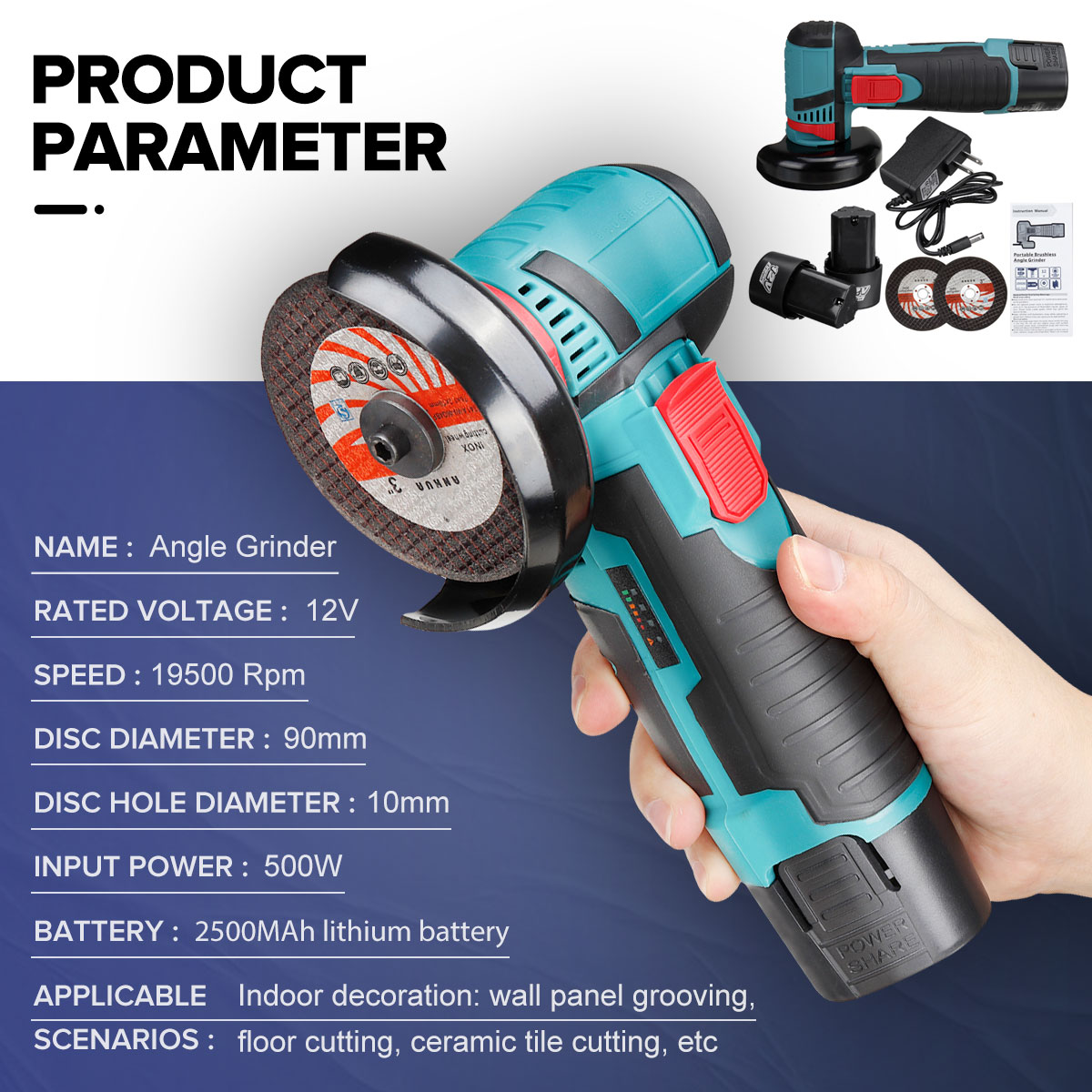 12V 500W Brushless Angle Grinder Mini Cordless Angle Grinder Polishing Machine Diamond Cutting Power Tool with Two Batteries