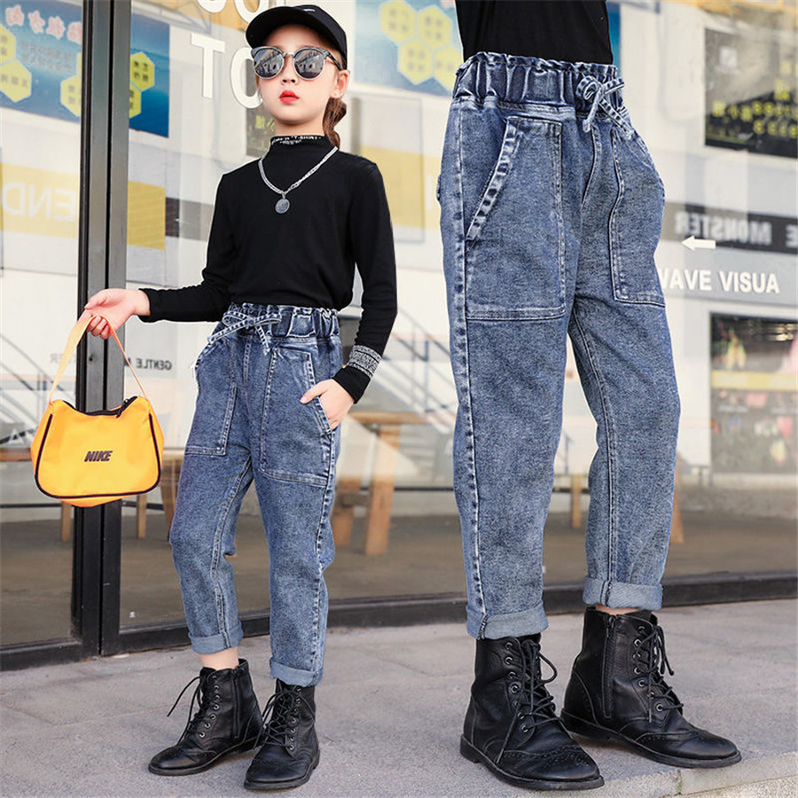 2020 Spring Kids Jeans Girl Solid Jeans For Girls Fashion Bow Girls Jeans Pants Autumn Casual Girls Clothes 6 8 10 12 Year