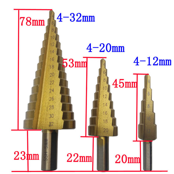 4-12/20/32mm Step Drill Bit HSS Titanium Coated Step Cone Metal Hole Cutter Metal Hex Tapered Drill Power Tools Accessories